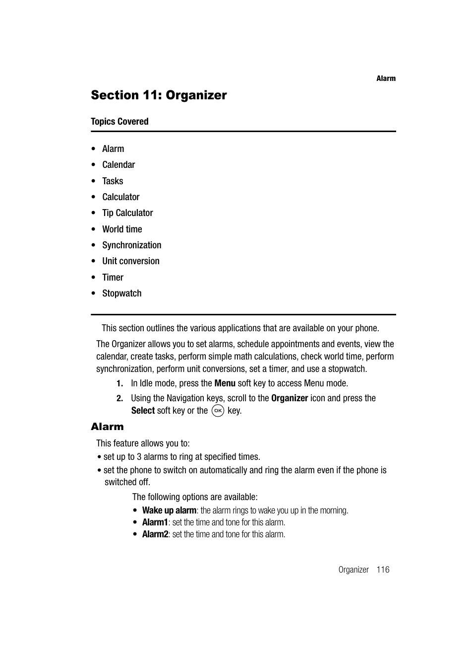 Section 11: organizer, Alarm | Samsung SGH-T539ABBTMB User Manual | Page 119 / 177