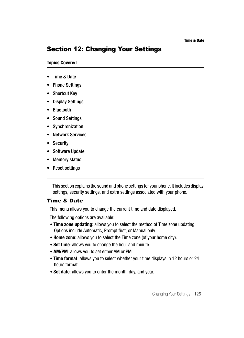 Section 12: changing your settings, Time & date | Samsung SGH-T539ABBTMB User Manual | Page 129 / 177