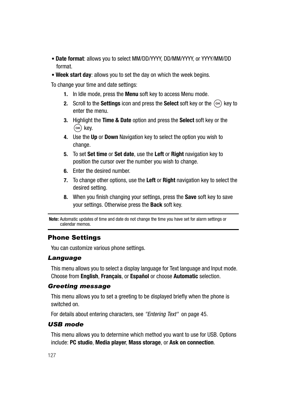 Phone settings | Samsung SGH-T539ABBTMB User Manual | Page 130 / 177