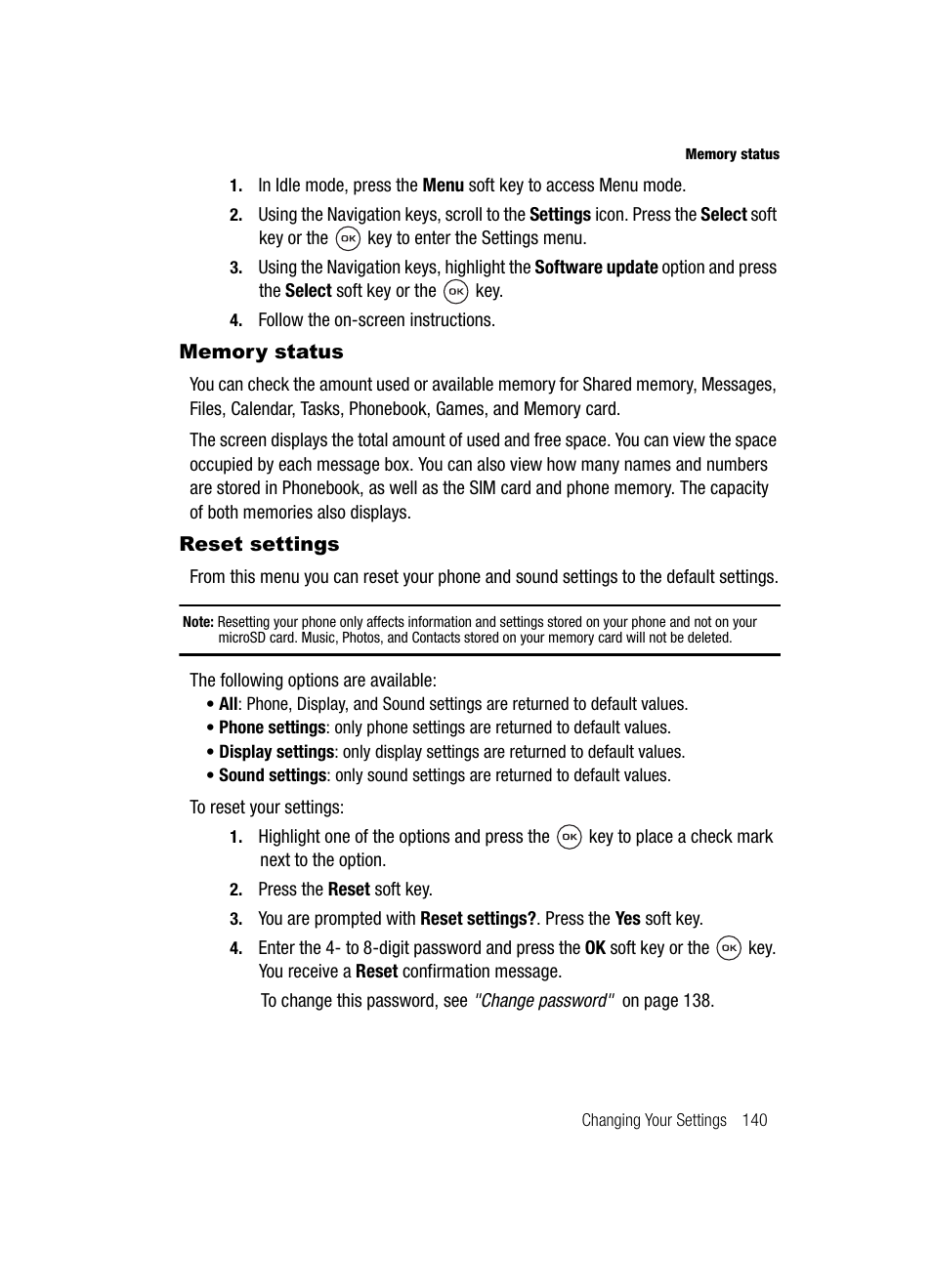 Memory status reset settings, Memory status, Reset settings | Samsung SGH-T539ABBTMB User Manual | Page 143 / 177