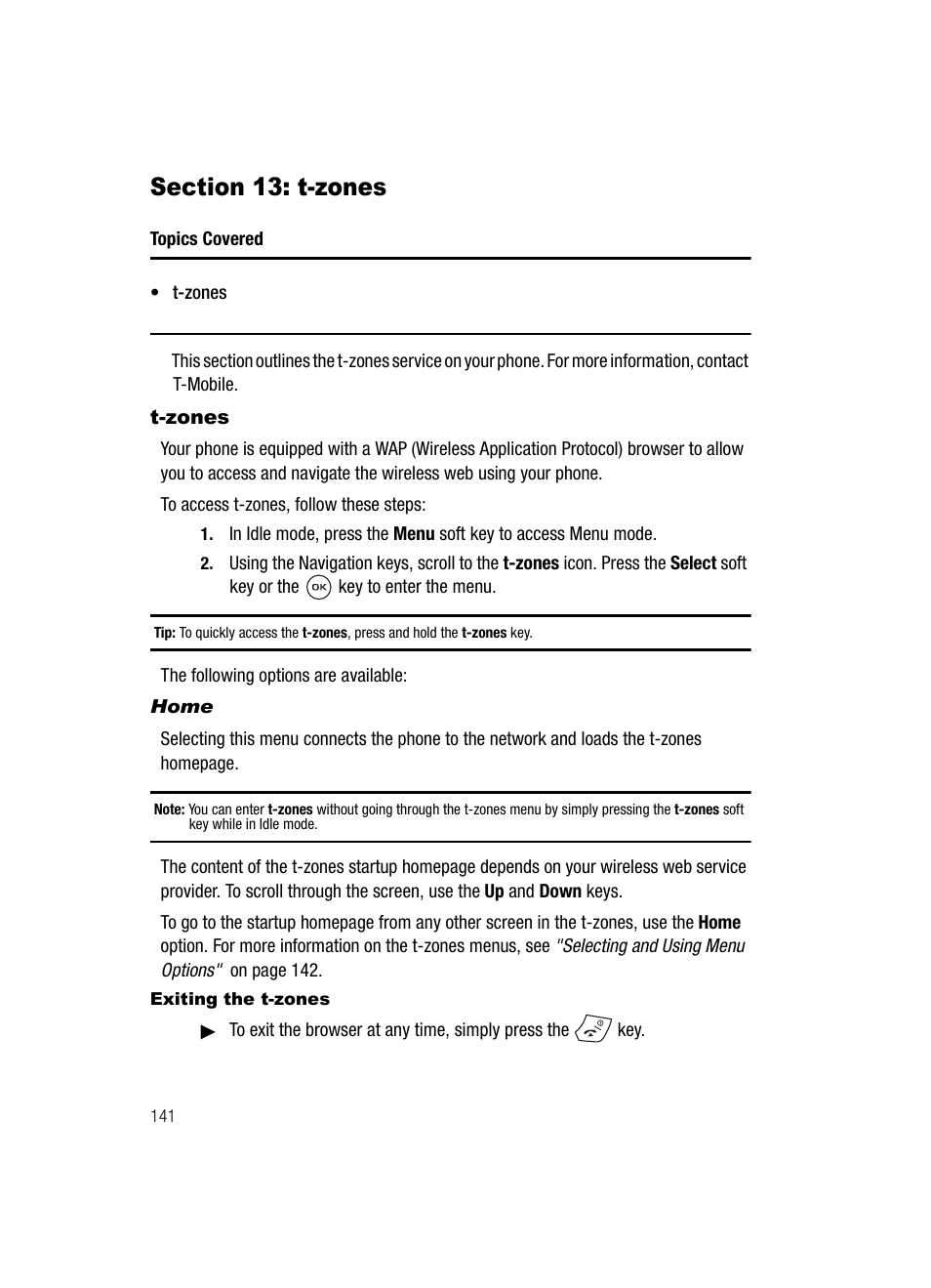 Section 13: t-zones, T-zones | Samsung SGH-T539ABBTMB User Manual | Page 144 / 177
