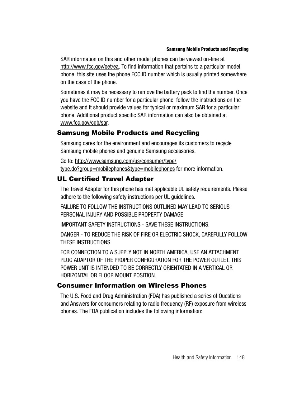 Samsung mobile products and recycling, Ul certified travel adapter, Consumer information on wireless phones | Samsung SGH-T539ABBTMB User Manual | Page 151 / 177
