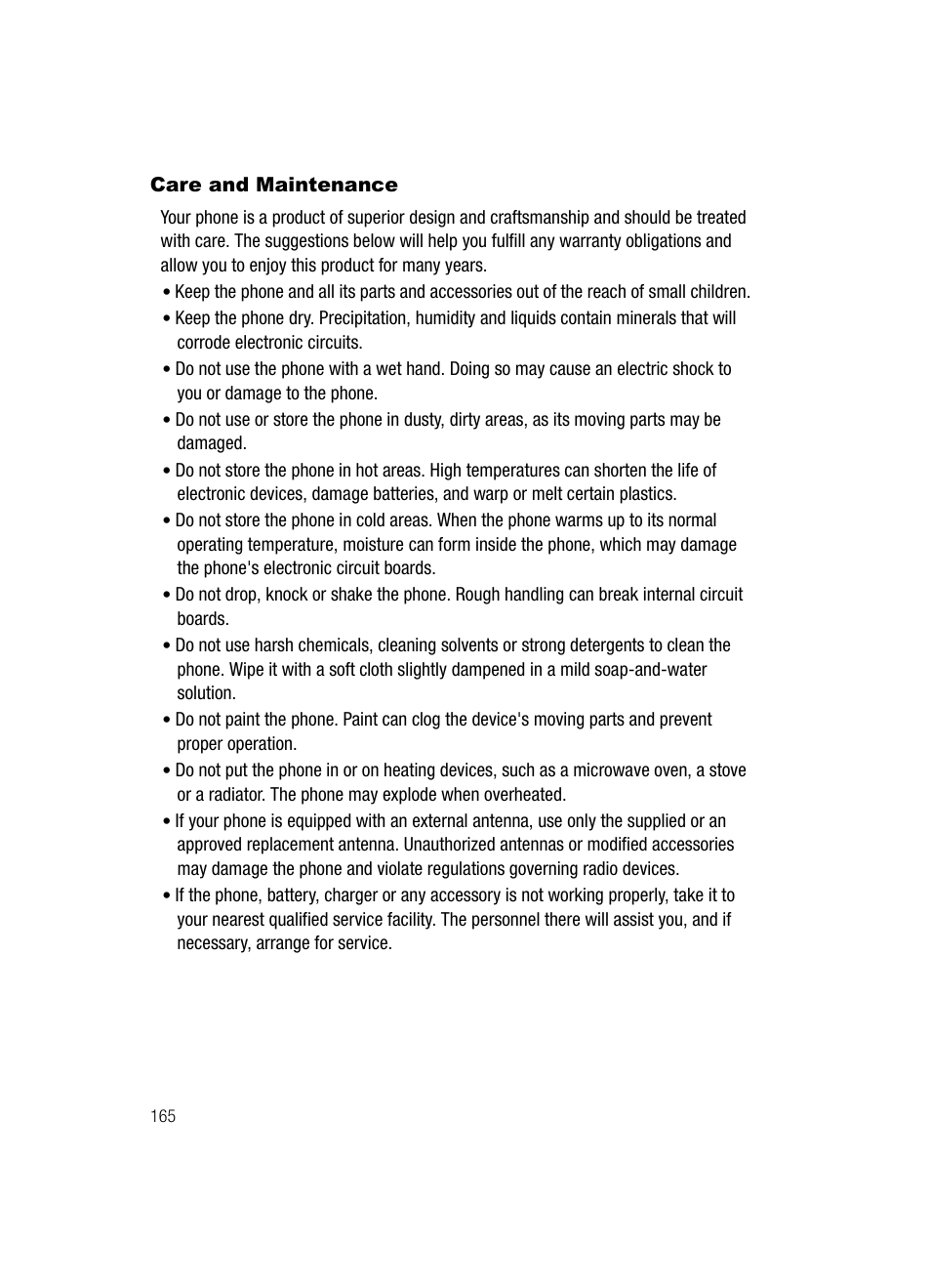 Care and maintenance | Samsung SGH-T539ABBTMB User Manual | Page 168 / 177