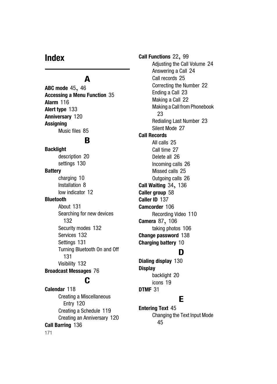 Index | Samsung SGH-T539ABBTMB User Manual | Page 174 / 177