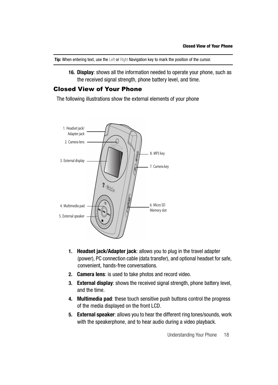 Closed view of your phone | Samsung SGH-T539ABBTMB User Manual | Page 21 / 177