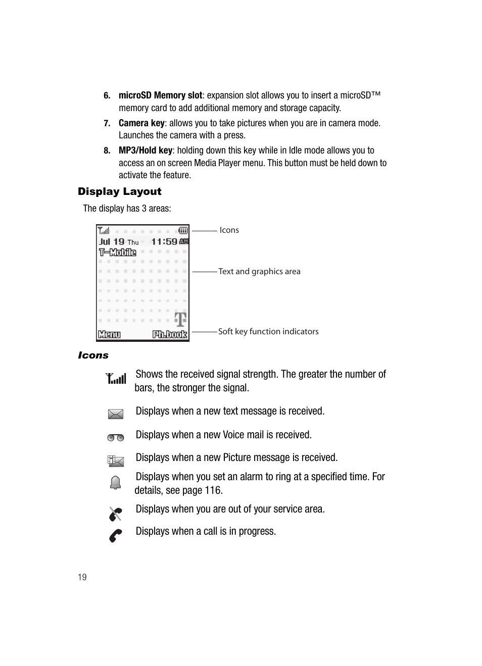 Display layout | Samsung SGH-T539ABBTMB User Manual | Page 22 / 177