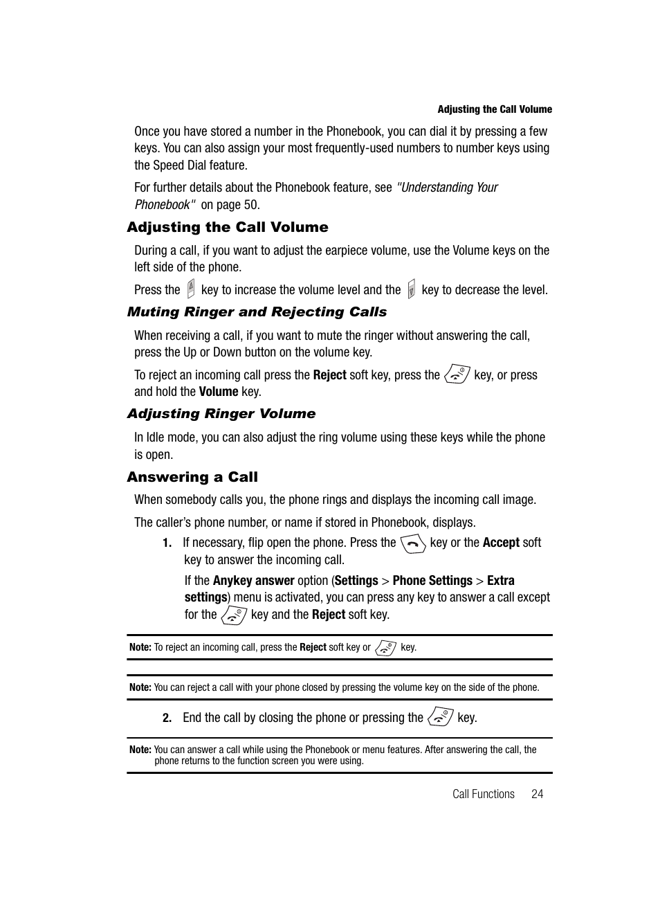 Adjusting the call volume answering a call, Adjusting the call volume, Answering a call | Samsung SGH-T539ABBTMB User Manual | Page 27 / 177