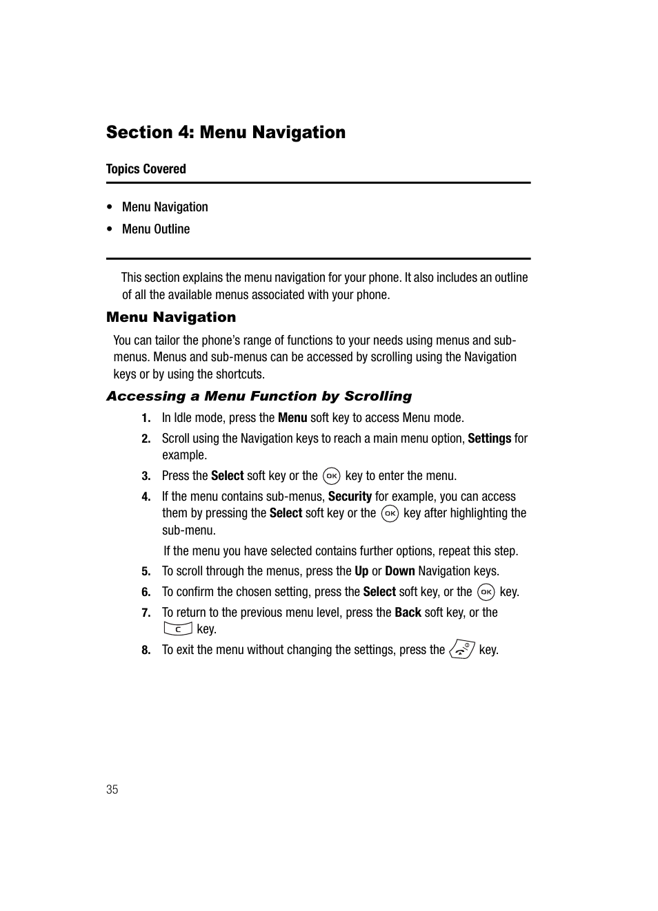 Section 4: menu navigation, Menu navigation | Samsung SGH-T539ABBTMB User Manual | Page 38 / 177