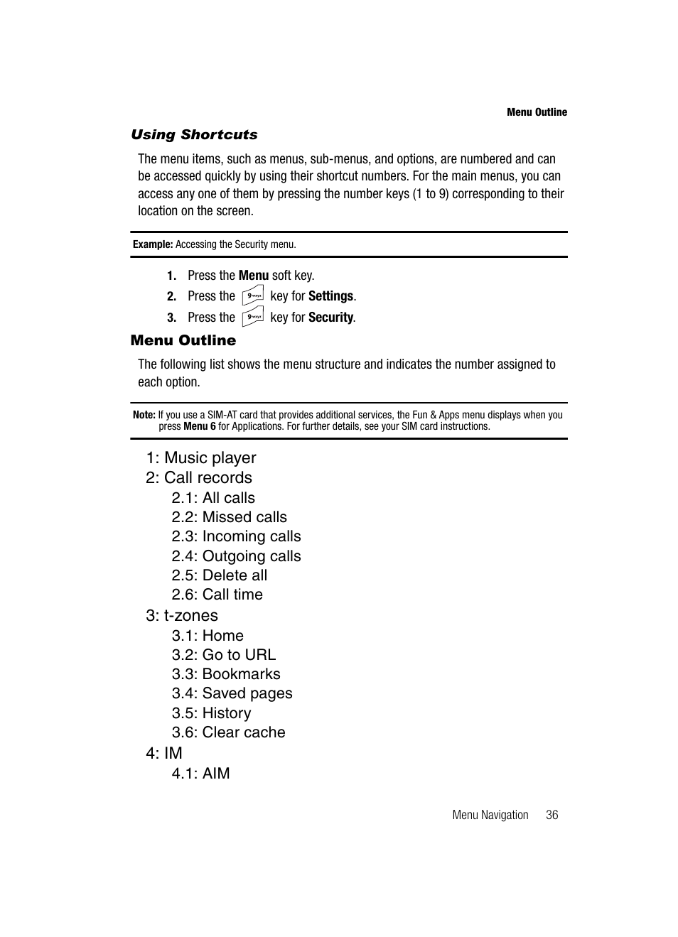 Menu outline, Music player 2: call records, T-zones | Samsung SGH-T539ABBTMB User Manual | Page 39 / 177