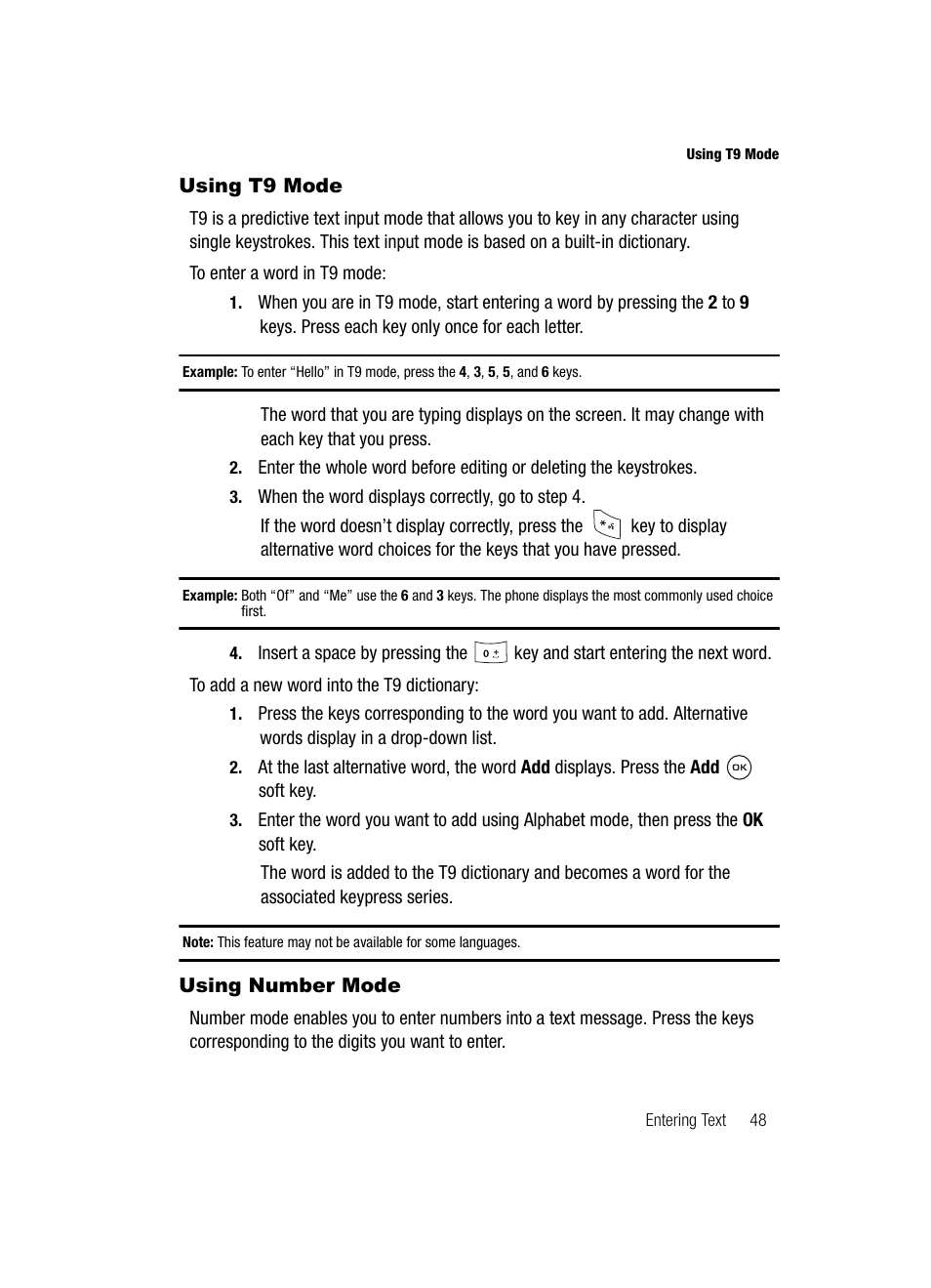 Using t9 mode using number mode, Using t9 mode, Using number mode | Samsung SGH-T539ABBTMB User Manual | Page 51 / 177