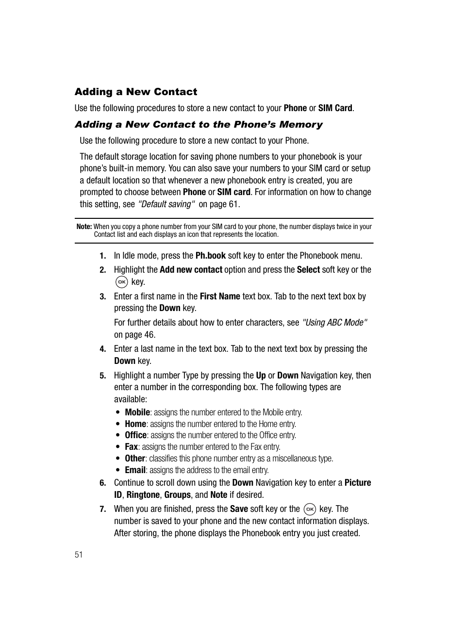 Adding a new contact | Samsung SGH-T539ABBTMB User Manual | Page 54 / 177