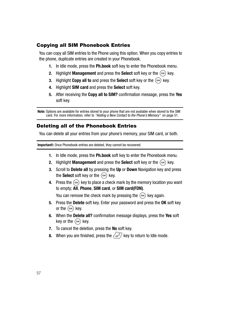 Copying all sim phonebook entries, Deleting all of the phonebook entries | Samsung SGH-T539ABBTMB User Manual | Page 60 / 177