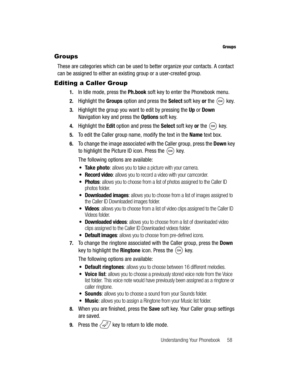 Groups editing a caller group, Groups, Editing a caller group | Samsung SGH-T539ABBTMB User Manual | Page 61 / 177