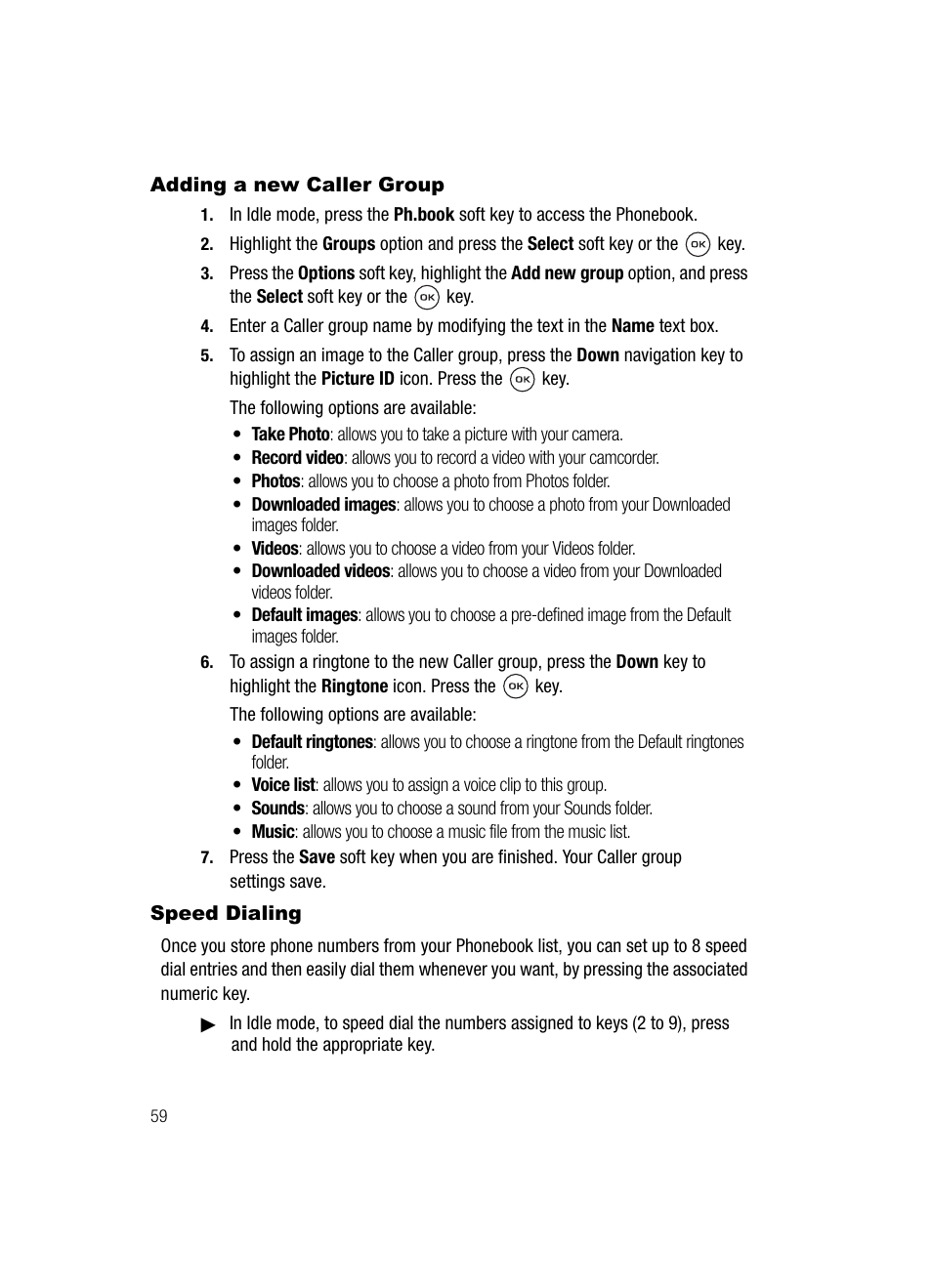 Adding a new caller group speed dialing, Adding a new caller group, Speed dialing | Samsung SGH-T539ABBTMB User Manual | Page 62 / 177