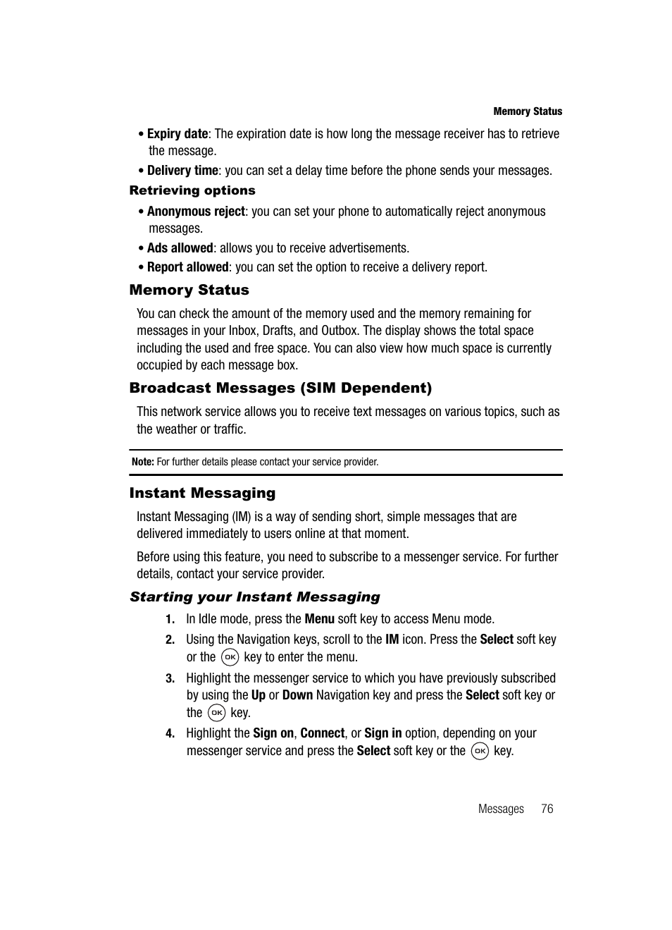 Memory status, Broadcast messages (sim dependent), Instant messaging | Samsung SGH-T539ABBTMB User Manual | Page 79 / 177