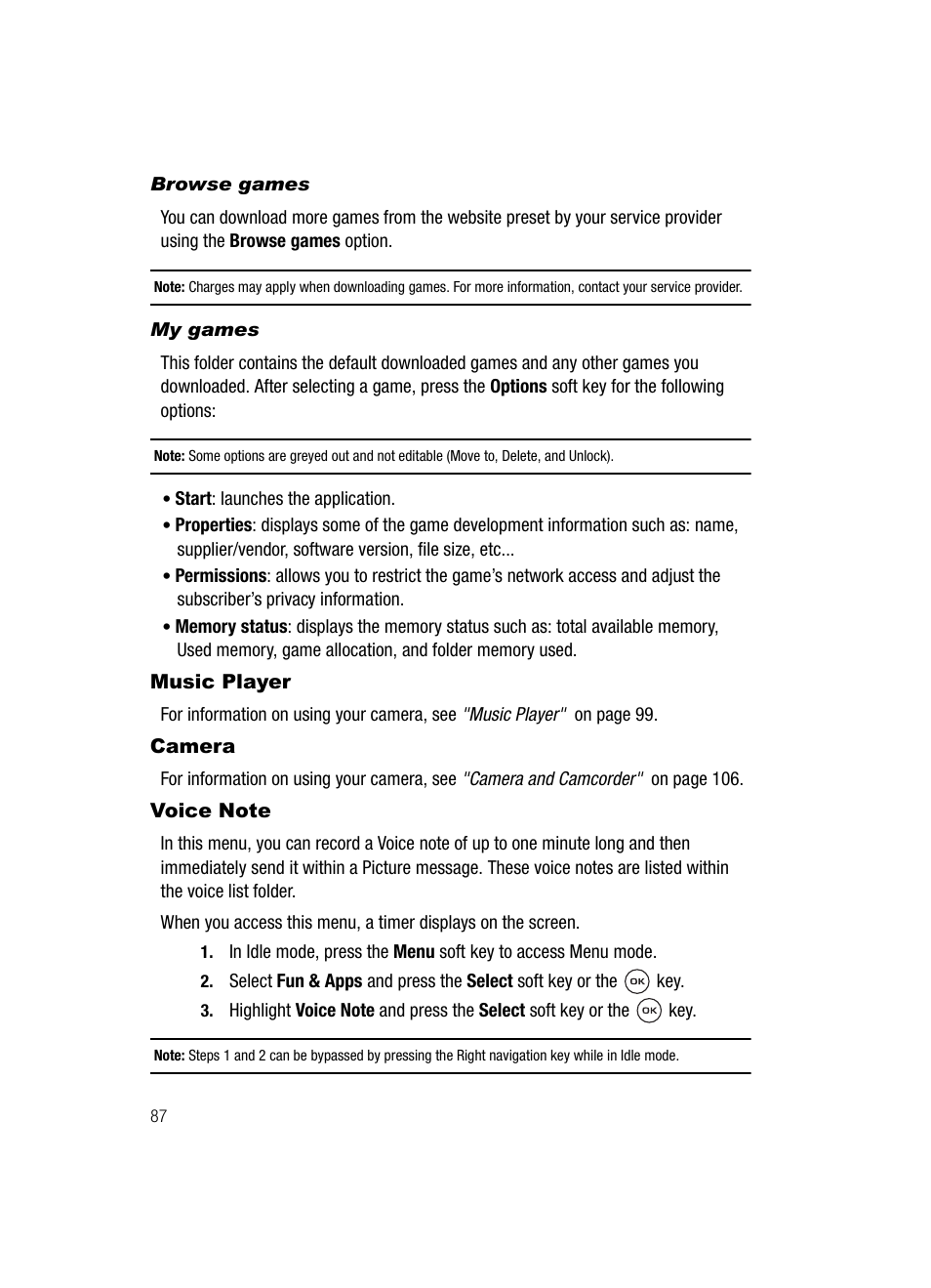 Music player camera voice note, Music player, Camera | Voice note | Samsung SGH-T539ABBTMB User Manual | Page 90 / 177