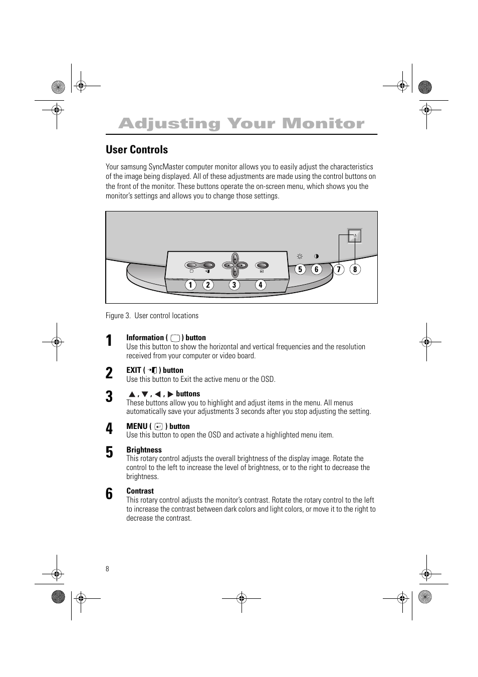 Adjusting your monitor, User controls | Samsung AN19MS9U-EDC User Manual | Page 10 / 32