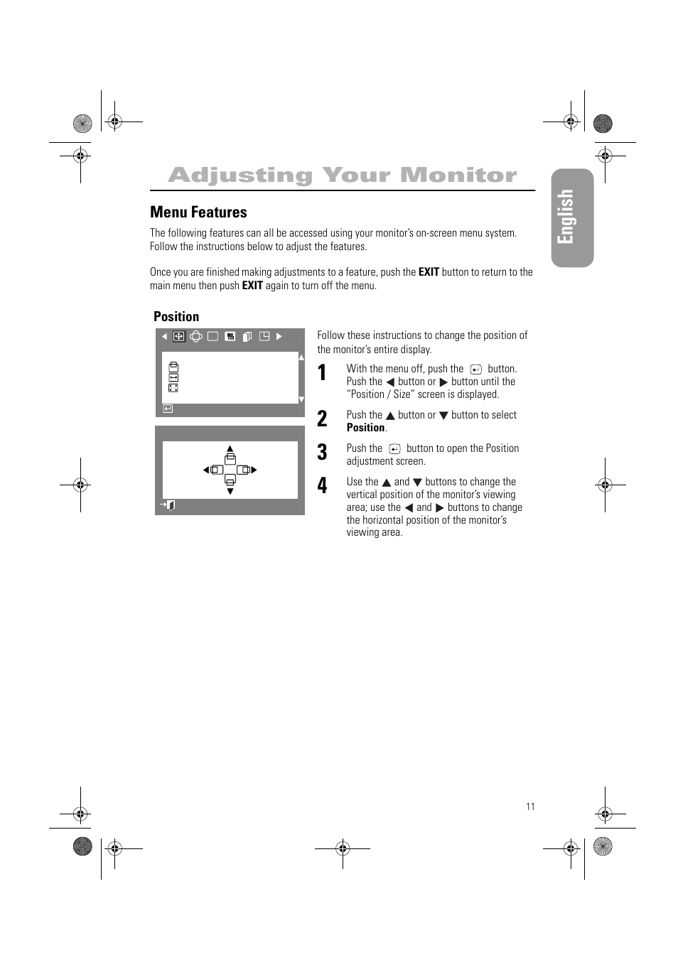 English adjusting your monitor, Menu features | Samsung AN19MS9U-EDC User Manual | Page 13 / 32