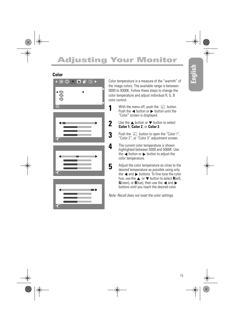 English adjusting your monitor | Samsung AN19MS9U-EDC User Manual | Page 17 / 32