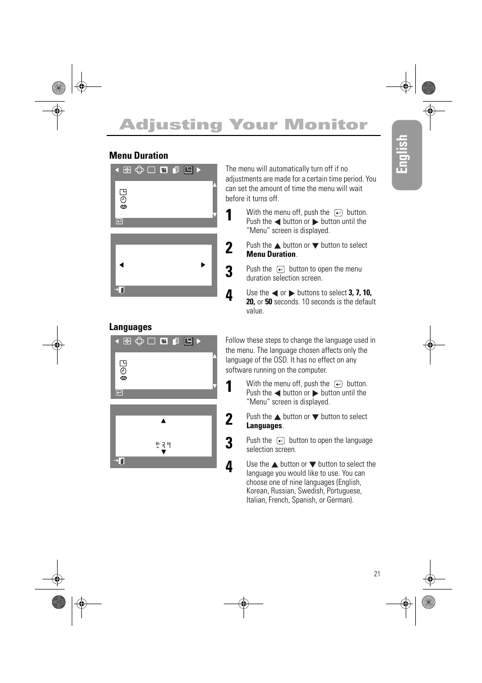 English adjusting your monitor | Samsung AN19MS9U-EDC User Manual | Page 23 / 32