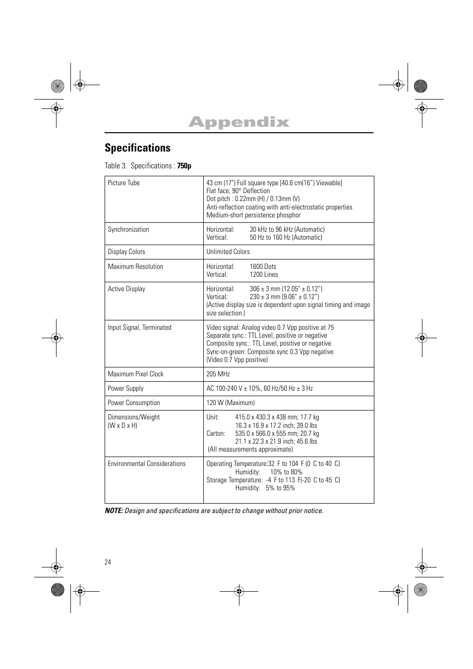 Appendix, Specifications | Samsung AN19MS9U-EDC User Manual | Page 26 / 32