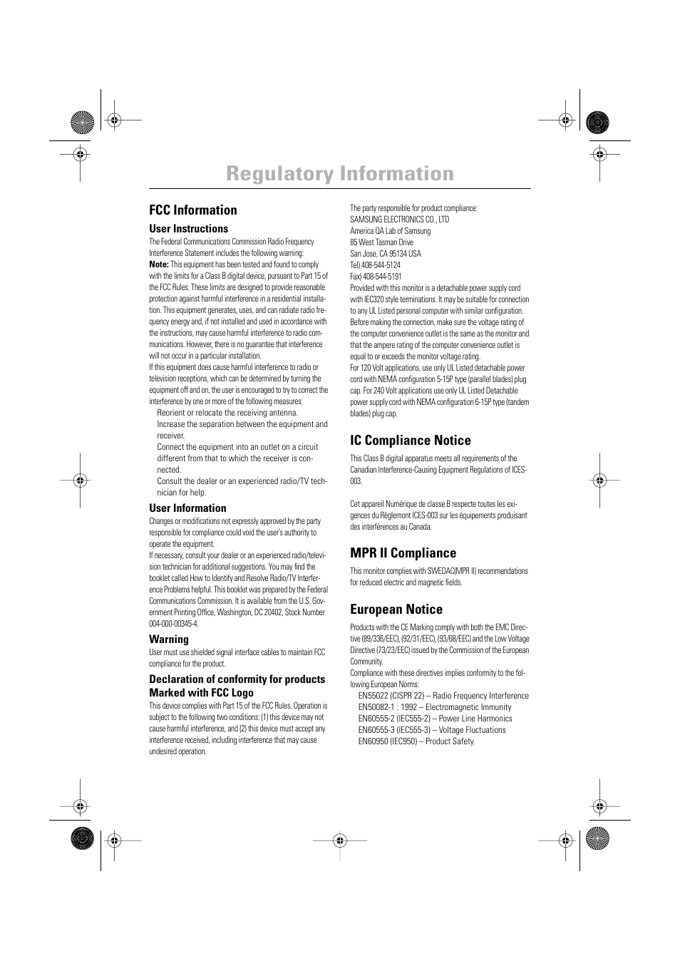 Regulatory information, Fcc information, Ic compliance notice | Mpr ii compliance, European notice | Samsung AN19MS9U-EDC User Manual | Page 31 / 32