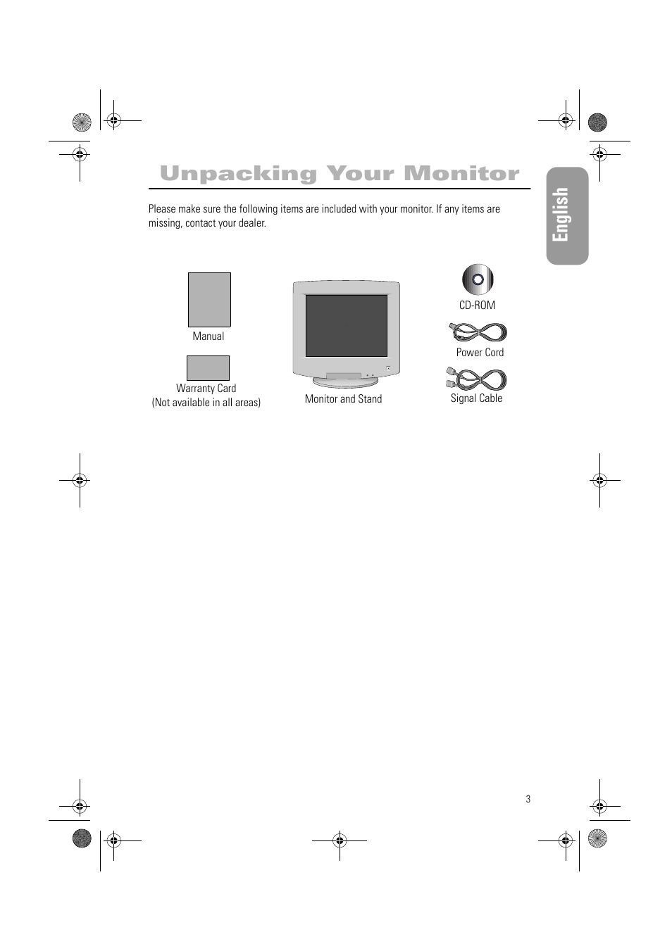 English unpacking your monitor | Samsung AN19MS9U-EDC User Manual | Page 5 / 32