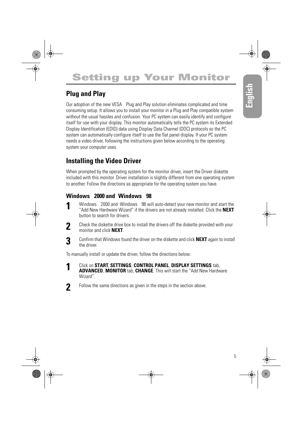 English setting up your monitor, Plug and play, Installing the video driver | Samsung AN19MS9U-EDC User Manual | Page 7 / 32