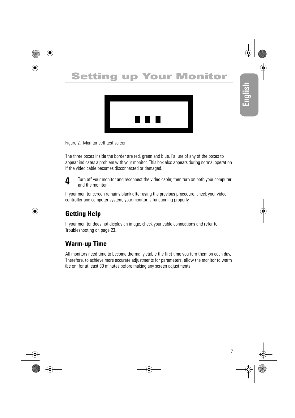 English setting up your monitor, Getting help, Warm-up time | Samsung AN19MS9U-EDC User Manual | Page 9 / 32