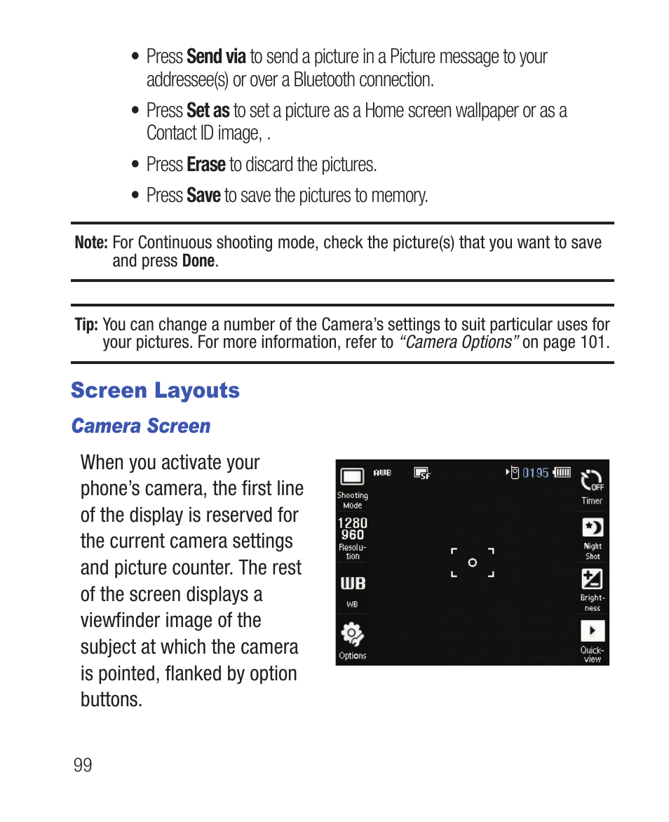 Screen layouts, Camera screen | Samsung SWC-R640LBAXAR User Manual | Page 104 / 250