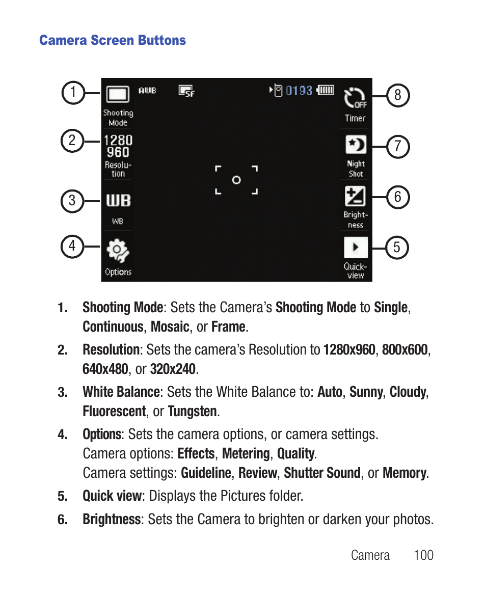Camera screen buttons | Samsung SWC-R640LBAXAR User Manual | Page 105 / 250