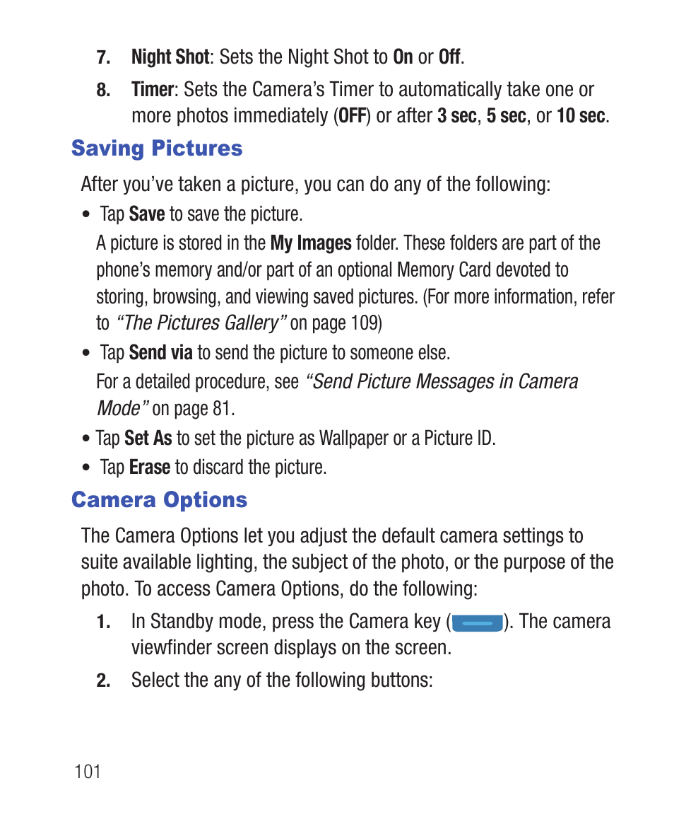 Saving pictures, Camera options, Saving pictures camera options | Samsung SWC-R640LBAXAR User Manual | Page 106 / 250