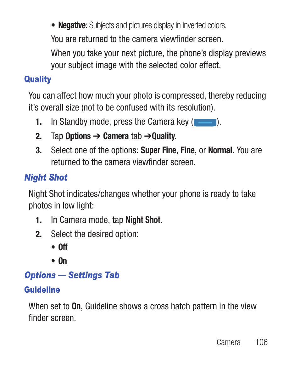 Quality, Night shot, Options — settings tab | Guideline | Samsung SWC-R640LBAXAR User Manual | Page 111 / 250