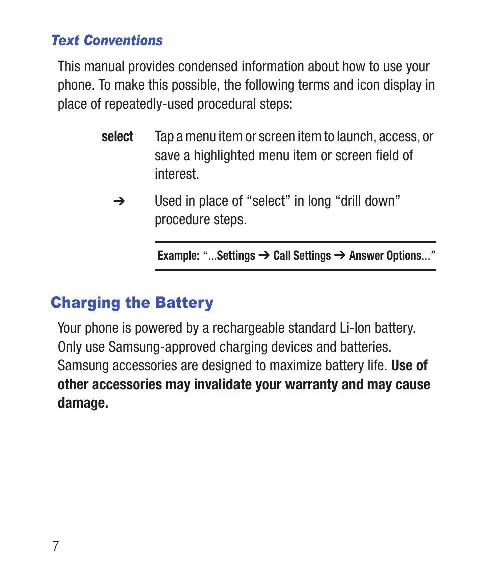 Text conventions, Charging the battery | Samsung SWC-R640LBAXAR User Manual | Page 12 / 250