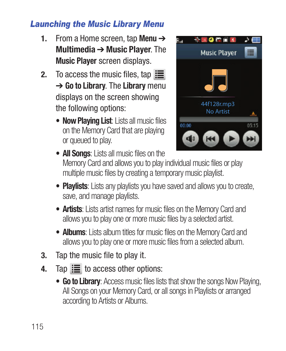Launching the music library menu | Samsung SWC-R640LBAXAR User Manual | Page 120 / 250