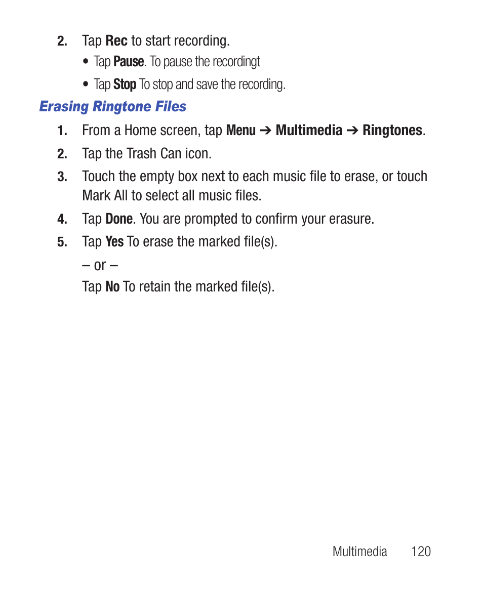 Erasing ringtone files | Samsung SWC-R640LBAXAR User Manual | Page 125 / 250