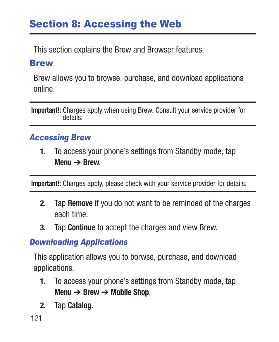 Section 8: accessing the web, Brew, Accessing brew | Downloading applications | Samsung SWC-R640LBAXAR User Manual | Page 126 / 250