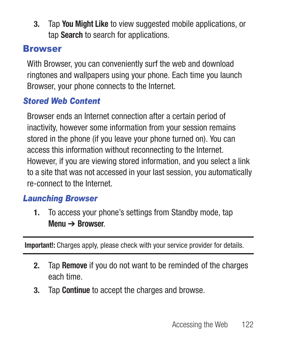 Browser, Stored web content, Launching browser | Samsung SWC-R640LBAXAR User Manual | Page 127 / 250