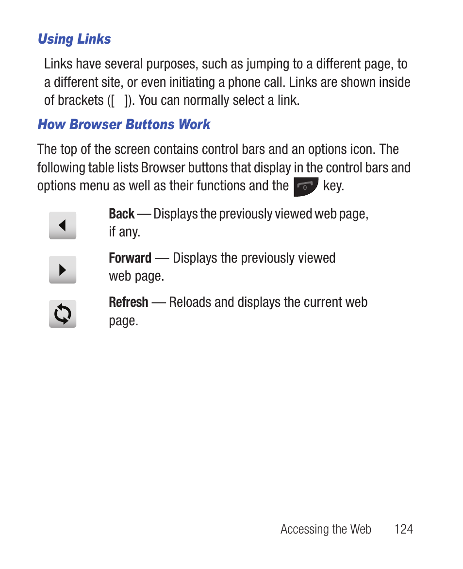 Using links, How browser buttons work | Samsung SWC-R640LBAXAR User Manual | Page 129 / 250