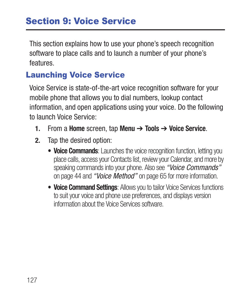 Section 9: voice service, Launching voice service | Samsung SWC-R640LBAXAR User Manual | Page 132 / 250