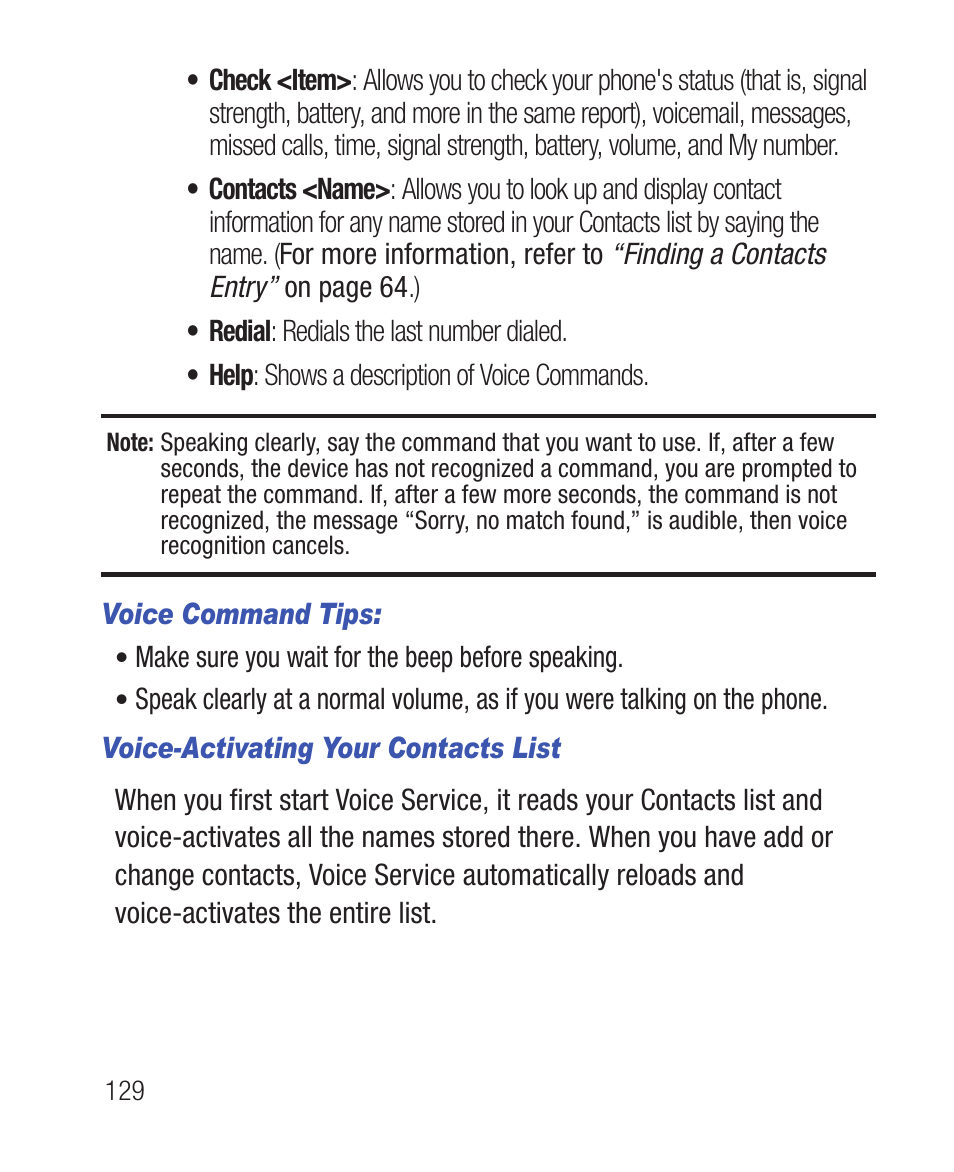 Voice command tips, Voice-activating your contacts list | Samsung SWC-R640LBAXAR User Manual | Page 134 / 250