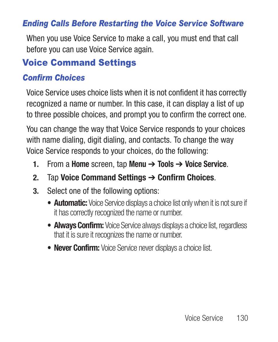 Voice command settings, Confirm choices | Samsung SWC-R640LBAXAR User Manual | Page 135 / 250