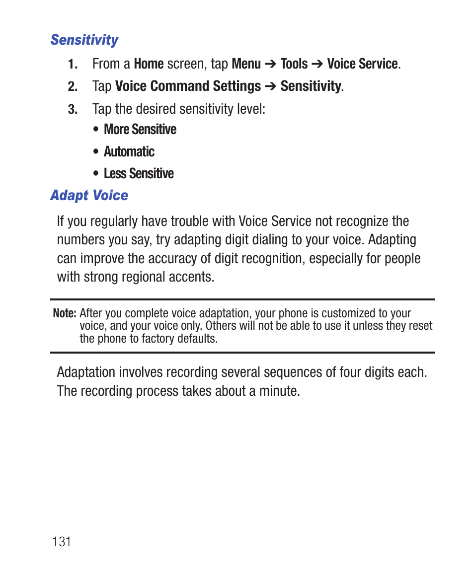 Sensitivity, Adapt voice | Samsung SWC-R640LBAXAR User Manual | Page 136 / 250