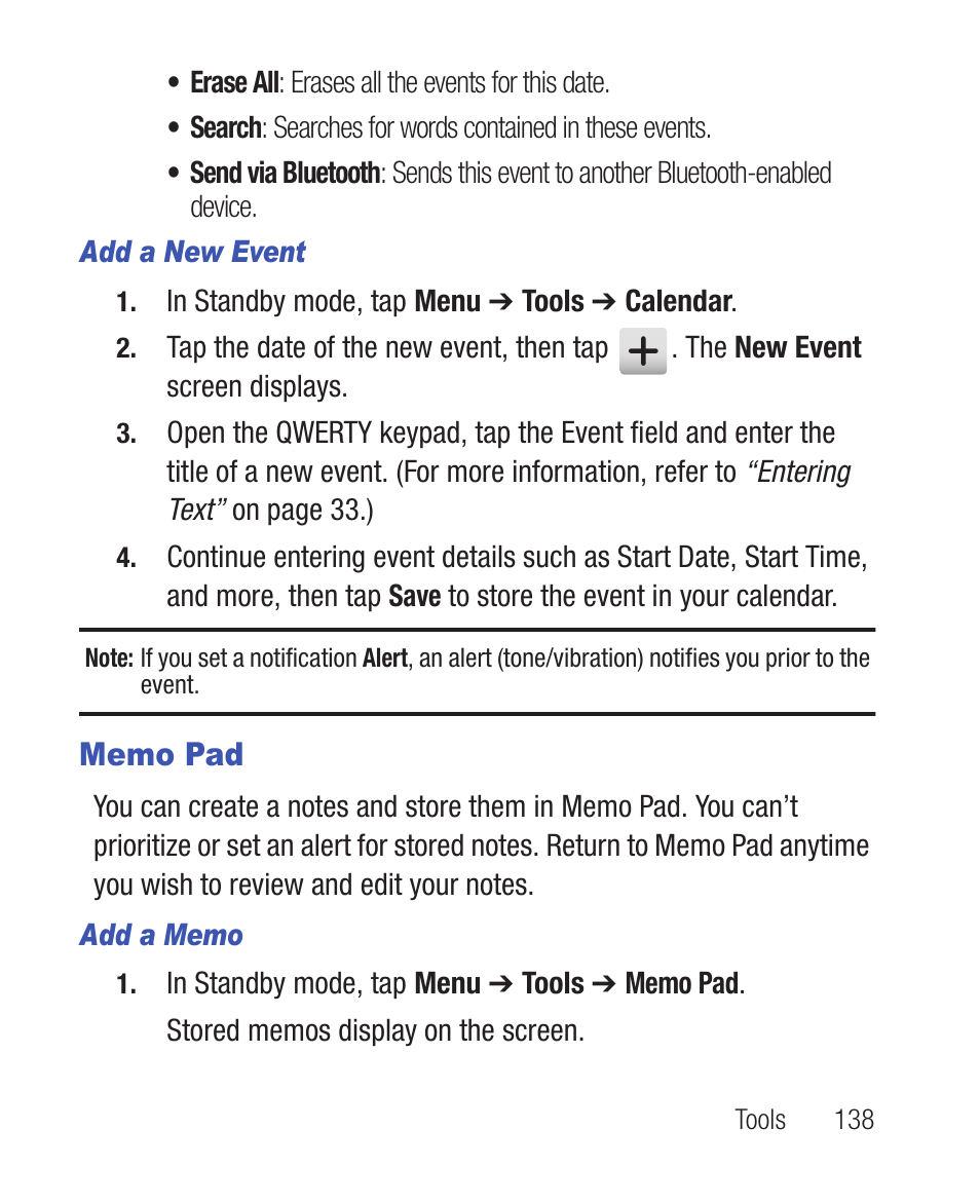 Add a new event, Memo pad, Add a memo | Samsung SWC-R640LBAXAR User Manual | Page 143 / 250