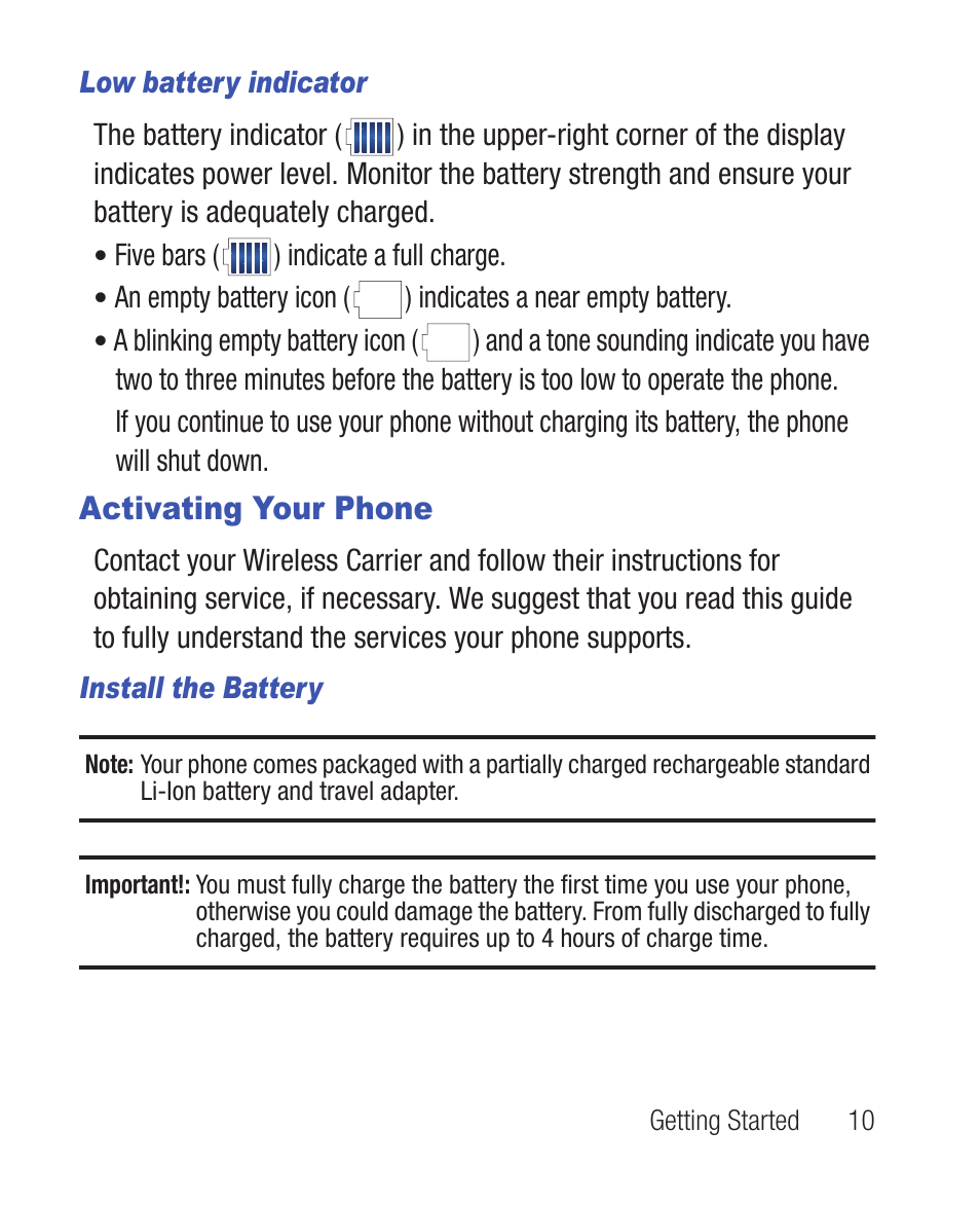 Low battery indicator, Activating your phone, Install the battery | Samsung SWC-R640LBAXAR User Manual | Page 15 / 250