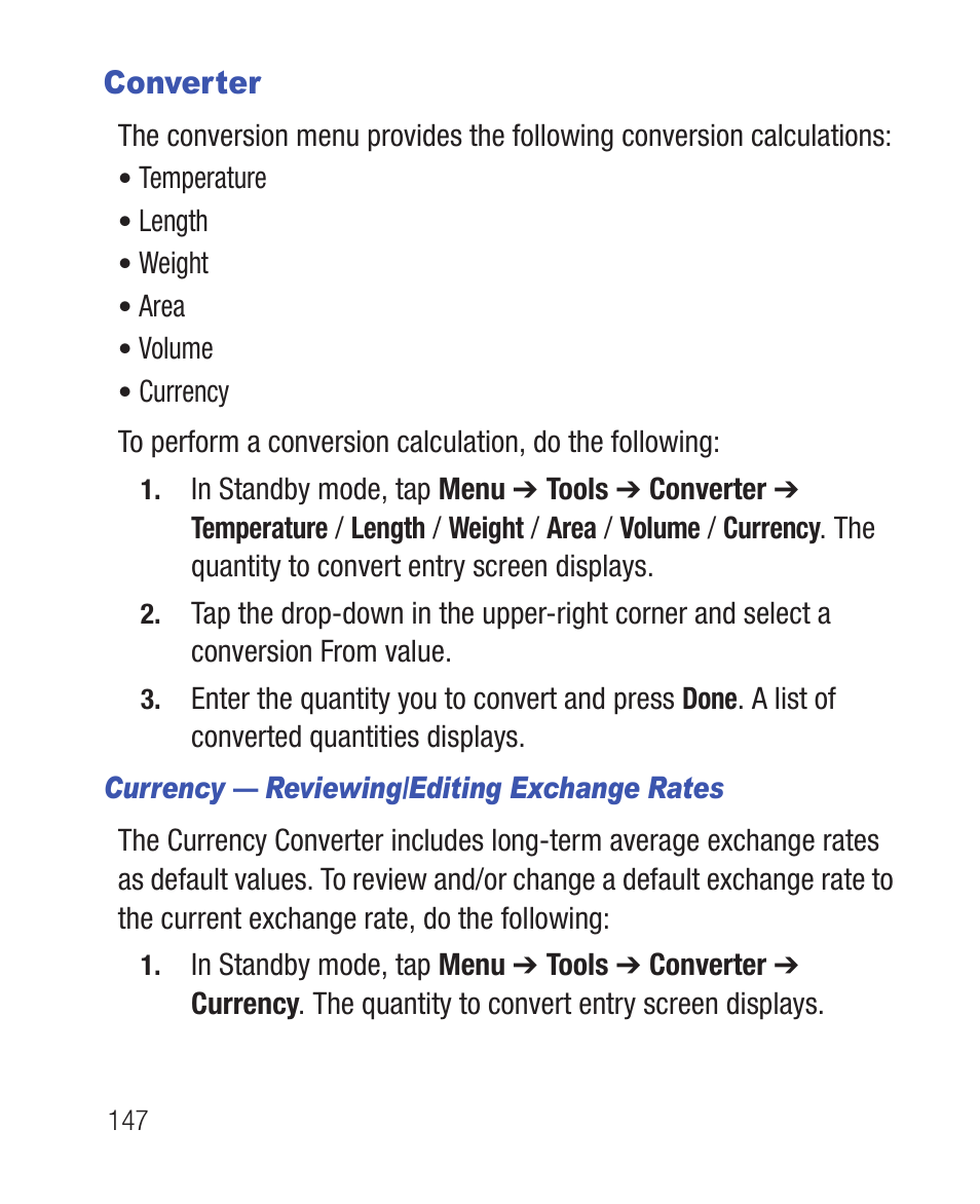 Converter, Currency — reviewing/editing exchange rates | Samsung SWC-R640LBAXAR User Manual | Page 152 / 250