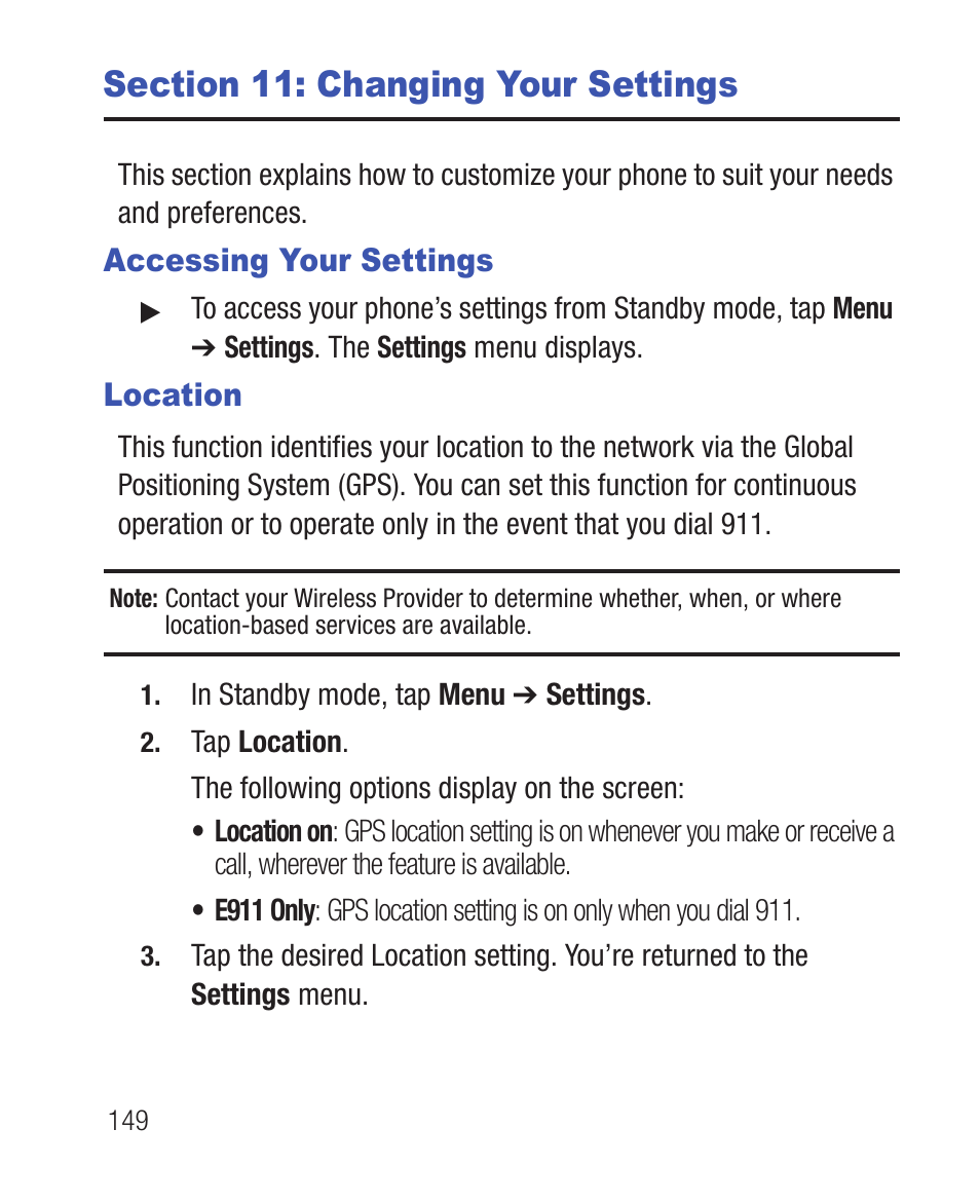 Section 11: changing your settings, Accessing your settings, Location | Accessing your settings location | Samsung SWC-R640LBAXAR User Manual | Page 154 / 250