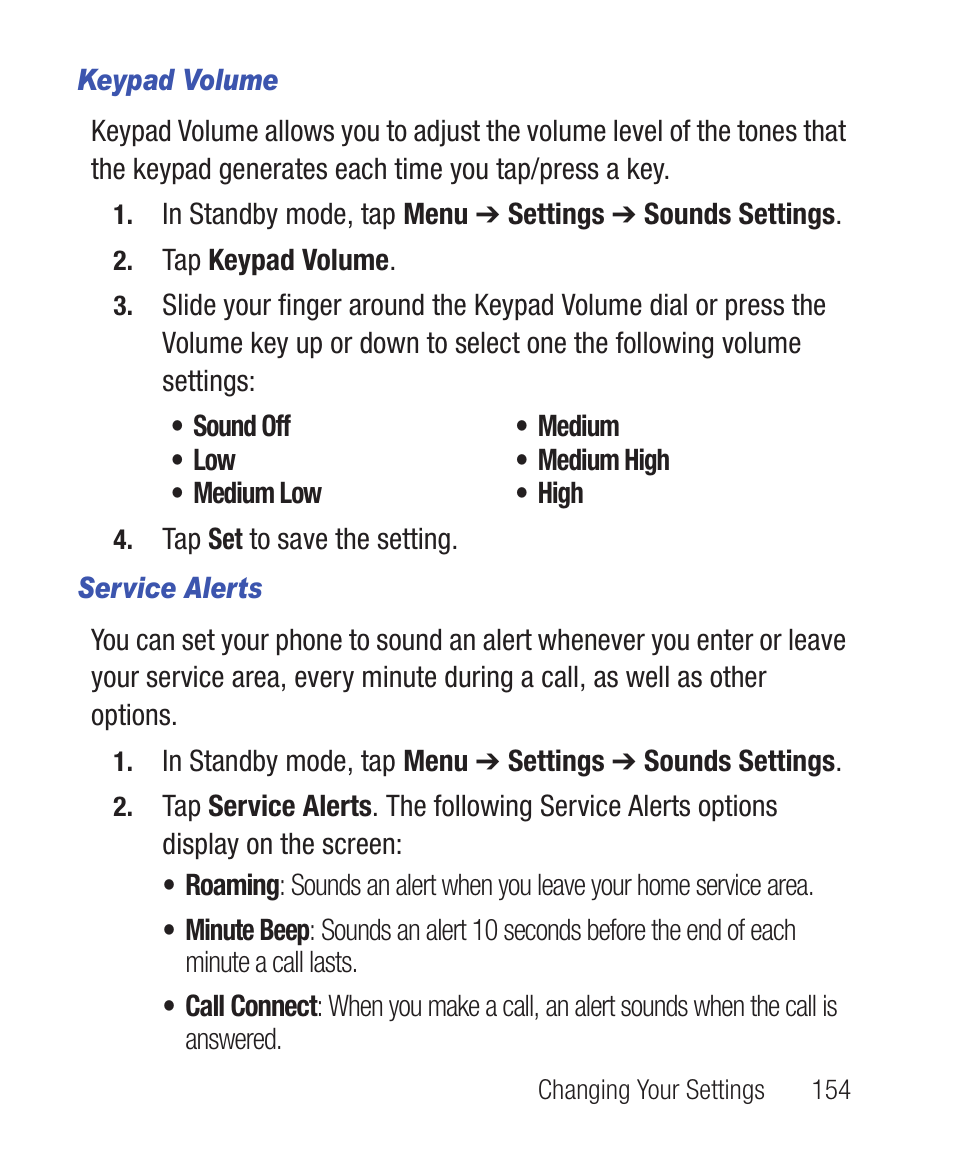 Keypad volume, Service alerts | Samsung SWC-R640LBAXAR User Manual | Page 159 / 250