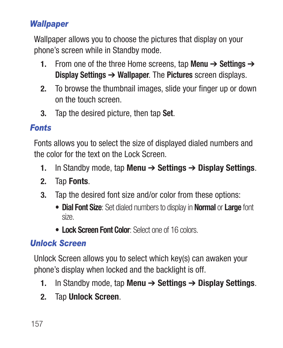 Wallpaper, Fonts, Unlock screen | Samsung SWC-R640LBAXAR User Manual | Page 162 / 250