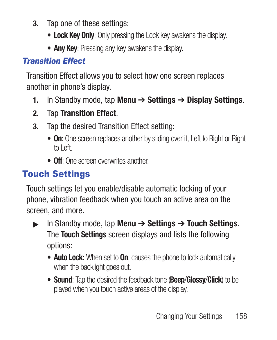 Transition effect, Touch settings | Samsung SWC-R640LBAXAR User Manual | Page 163 / 250